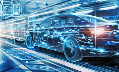 A connected car in a futuristic testing facility, showcasing data overlays and digital schematics used in connected car market research and automotive innovation.