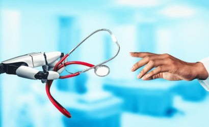 A robotic hand holding a stethoscope and reaching toward a human doctor’s hand, symbolizing the collaboration between AI technology and human empathy in healthcare research.