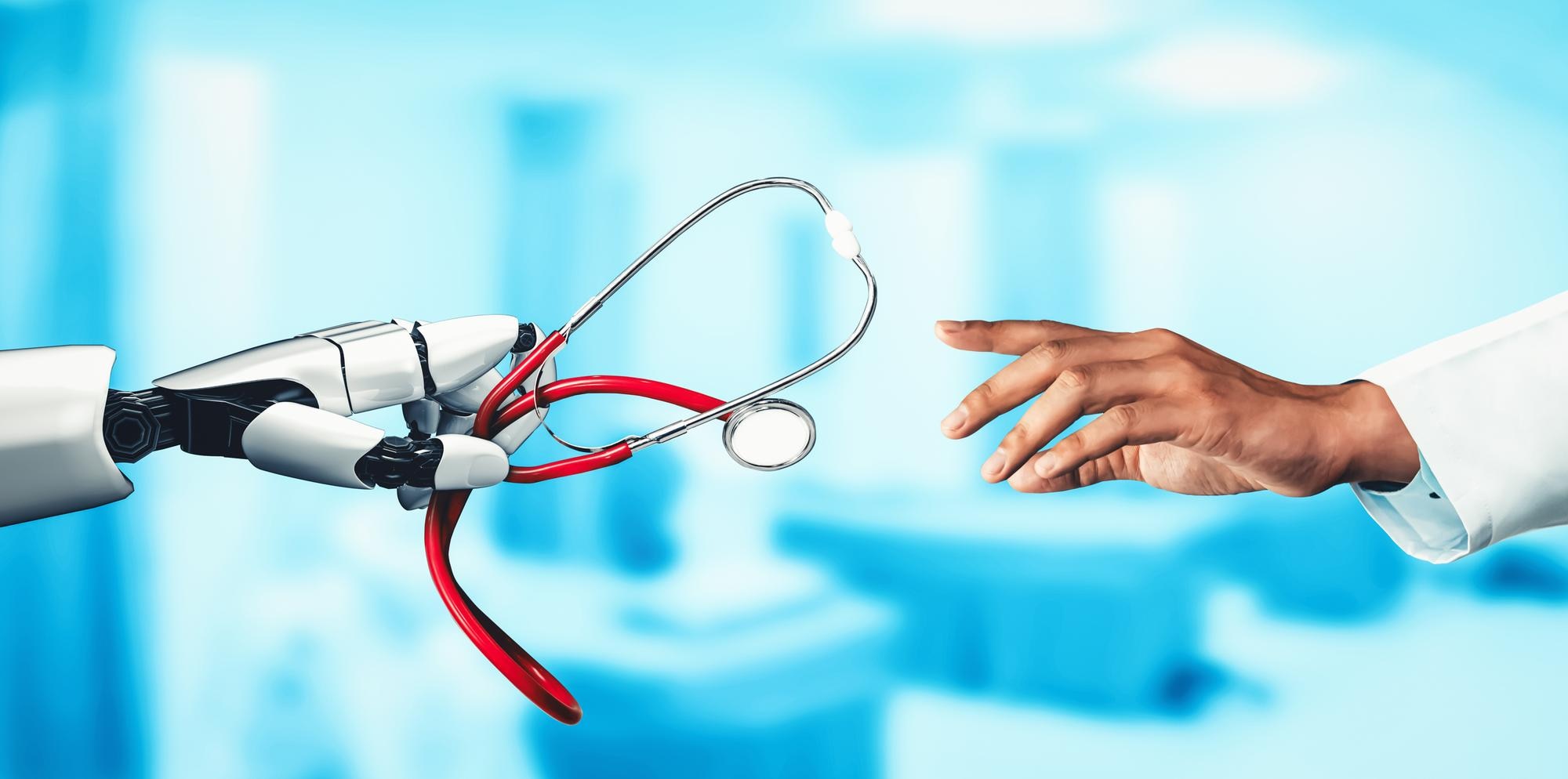 A robotic hand holding a stethoscope and reaching toward a human doctor’s hand, symbolizing the collaboration between AI technology and human empathy in healthcare research.