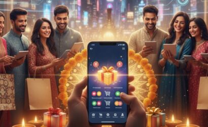 Festive celebration scene with people shopping online using smartphones and tablets, highlighting consumer insights on how India buys, clicks, and pays in 2025.