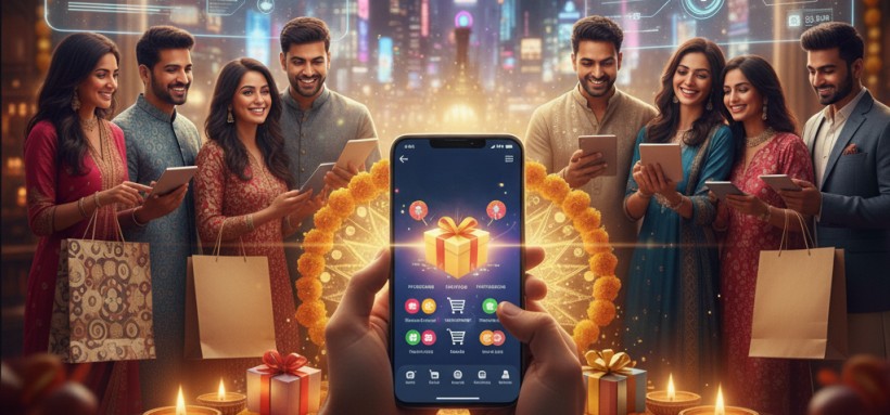 Festive celebration scene with people shopping online using smartphones and tablets, highlighting consumer insights on how India buys, clicks, and pays in 2025.